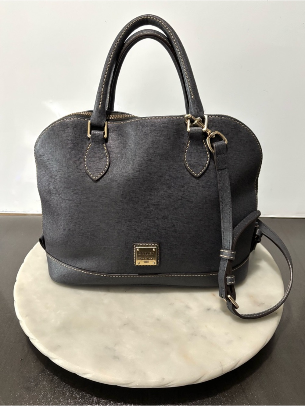 Dooney & Bourke Pebble Grain Leather Zip Zip Domed Satchel Bag Purse Dark Grey